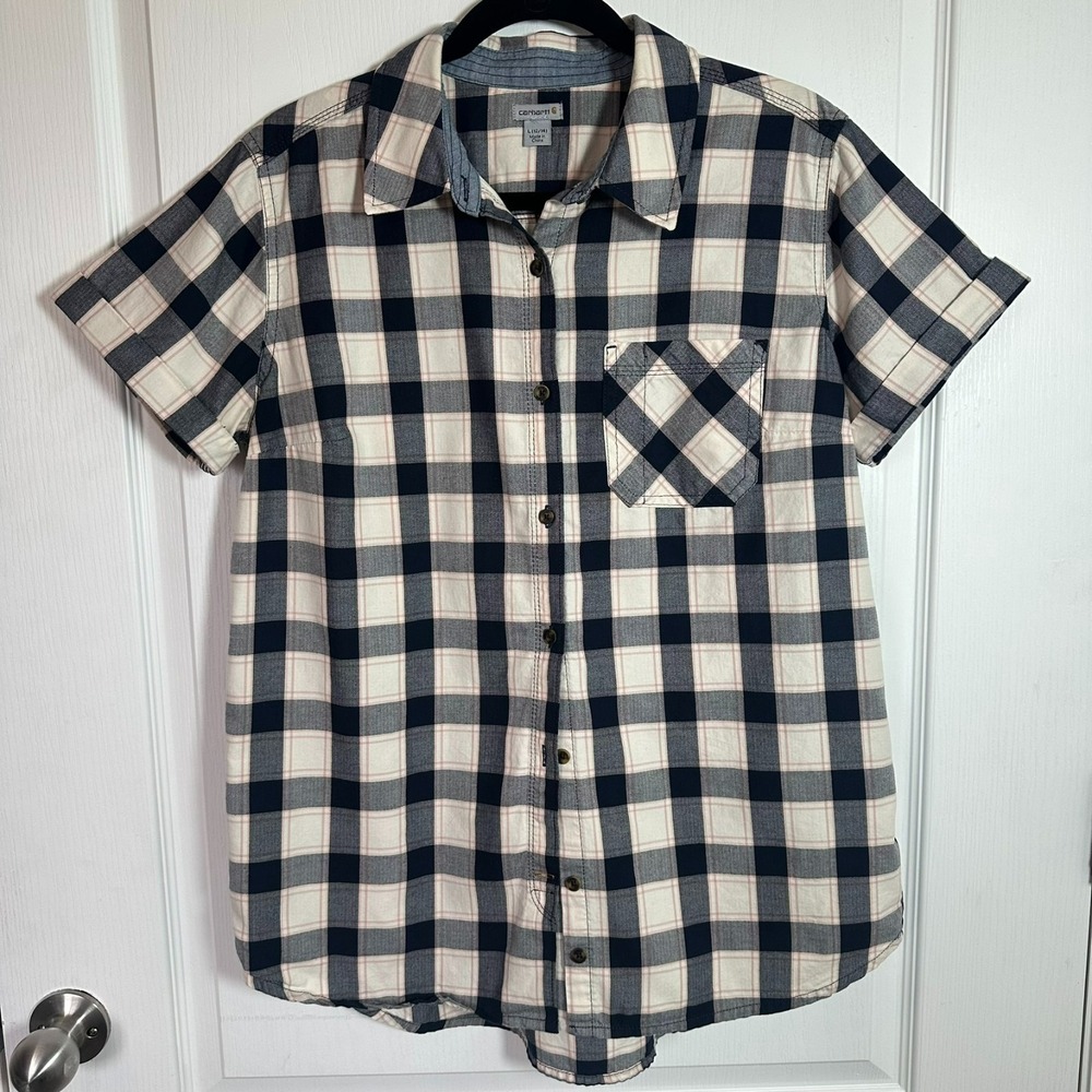 Carhartt Womens L Blue Pink Plaid Shirt Cotton Workwear Outdoor Farm